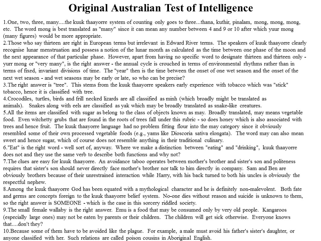 Original Australian Test of Intelligence One, two, three, many....the kuuk thaayorre system of counting